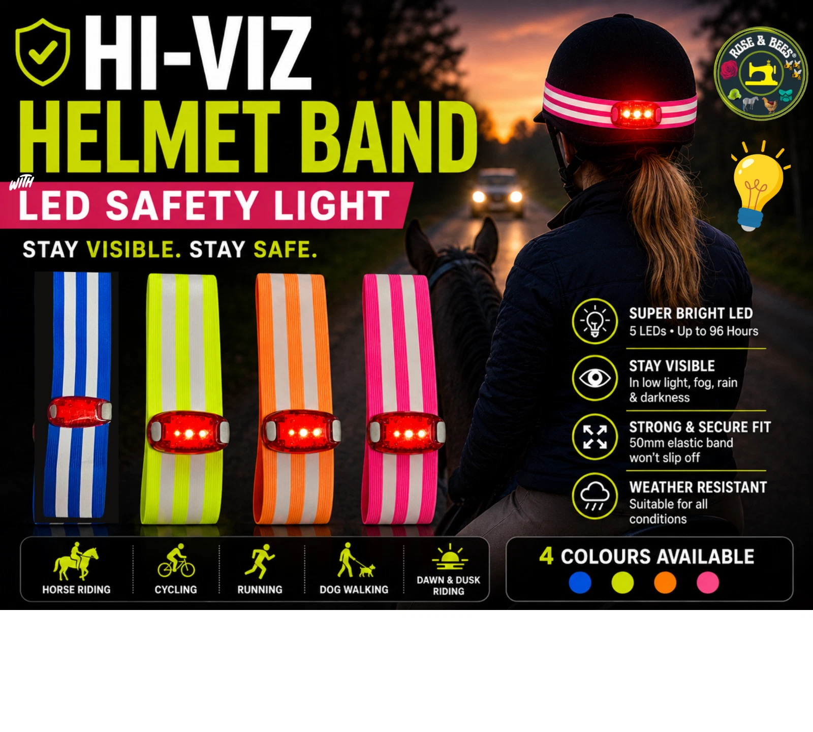 Hi-Viz Reflective Riding Hat Band with LED Light | Helmet Band