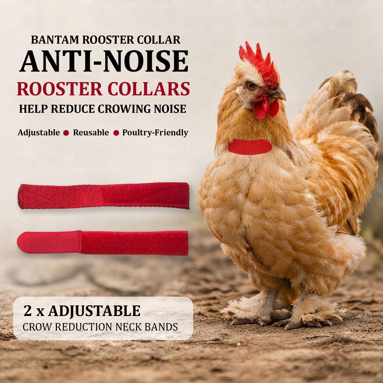 BANTAM ROOSTER COLLAR Set of 2 Crow Reduction Neck Bands for Small Medium Large Cockerels Adjustable Reusable Quiet Poultry Care Accessories