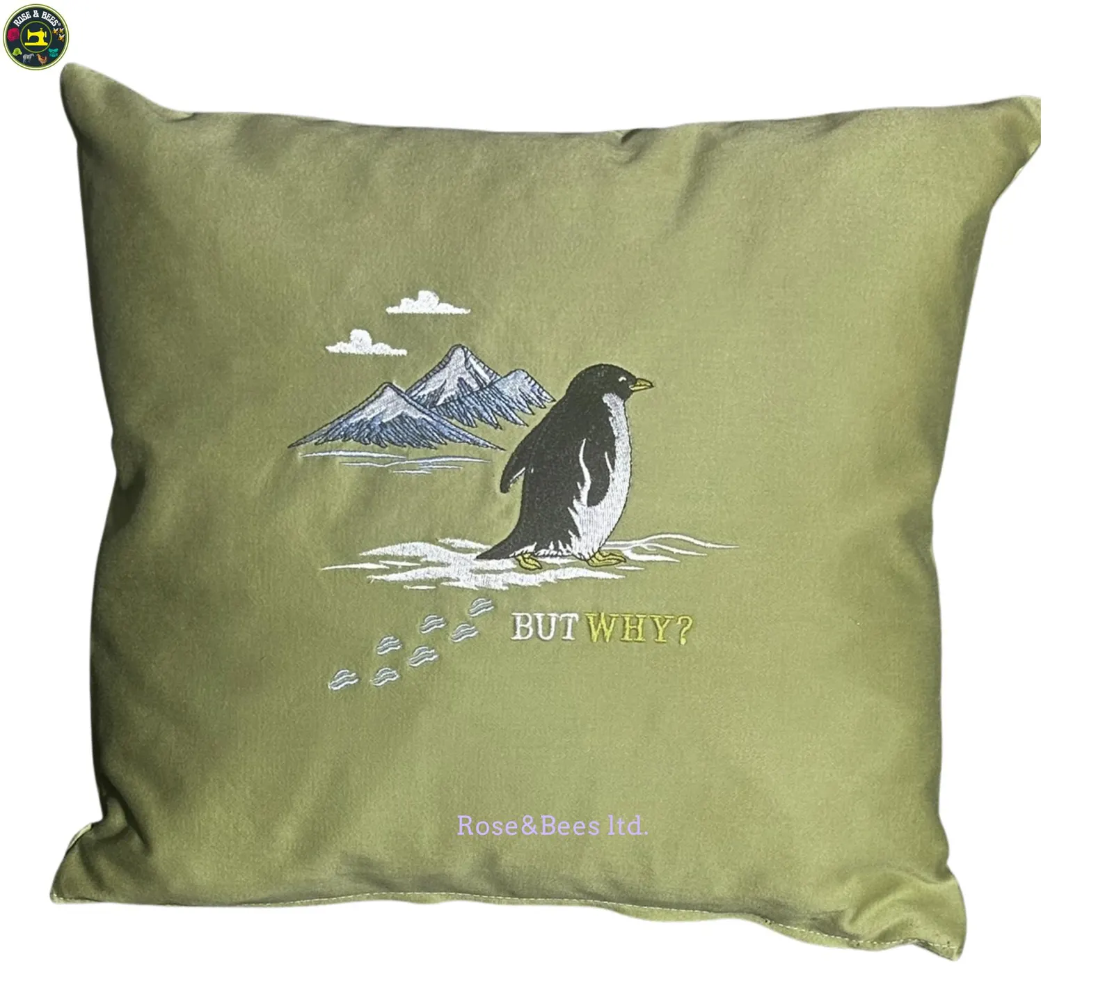 Cute Penguin Embroidered Cushion Cover “But Why?” | Handmade 100% Cotton Pillow Cover | Fun Home & Nursery Decor | Green | variable Sizes