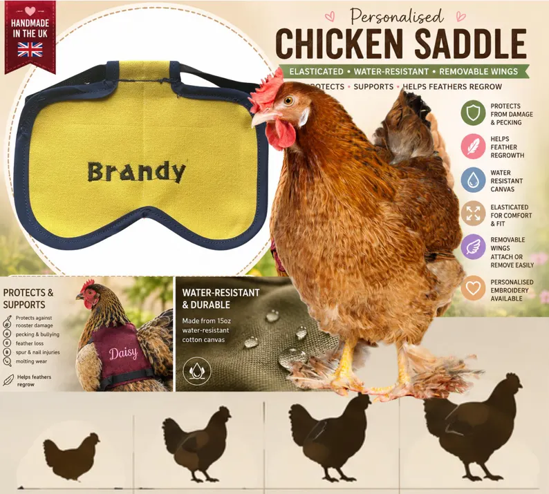 Embroidered CHICKEN SADDLE | Chicken Apron | Hen protector | Waterproof Canvas