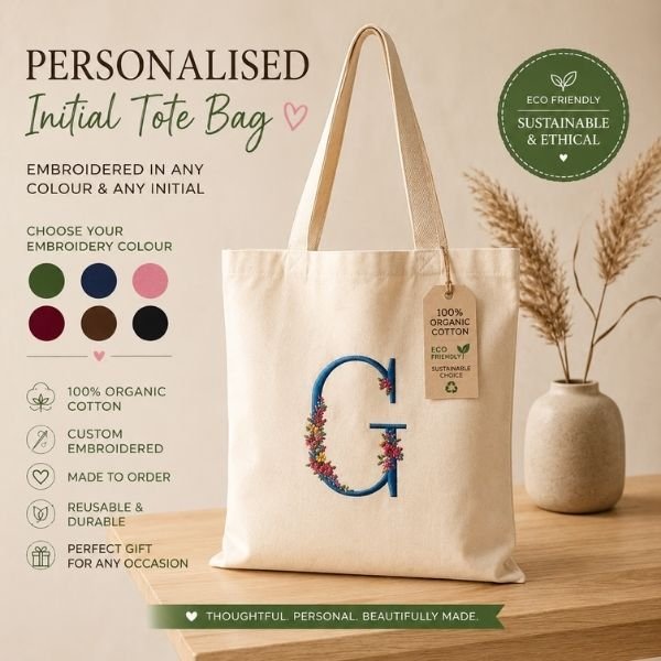 PERSONALISED CANVAS TOTE | Floral Embroidered Initial Tote Bag | Organic 10 Oz Cotton Canvas | Floral Monogram | Custom Gift for Her