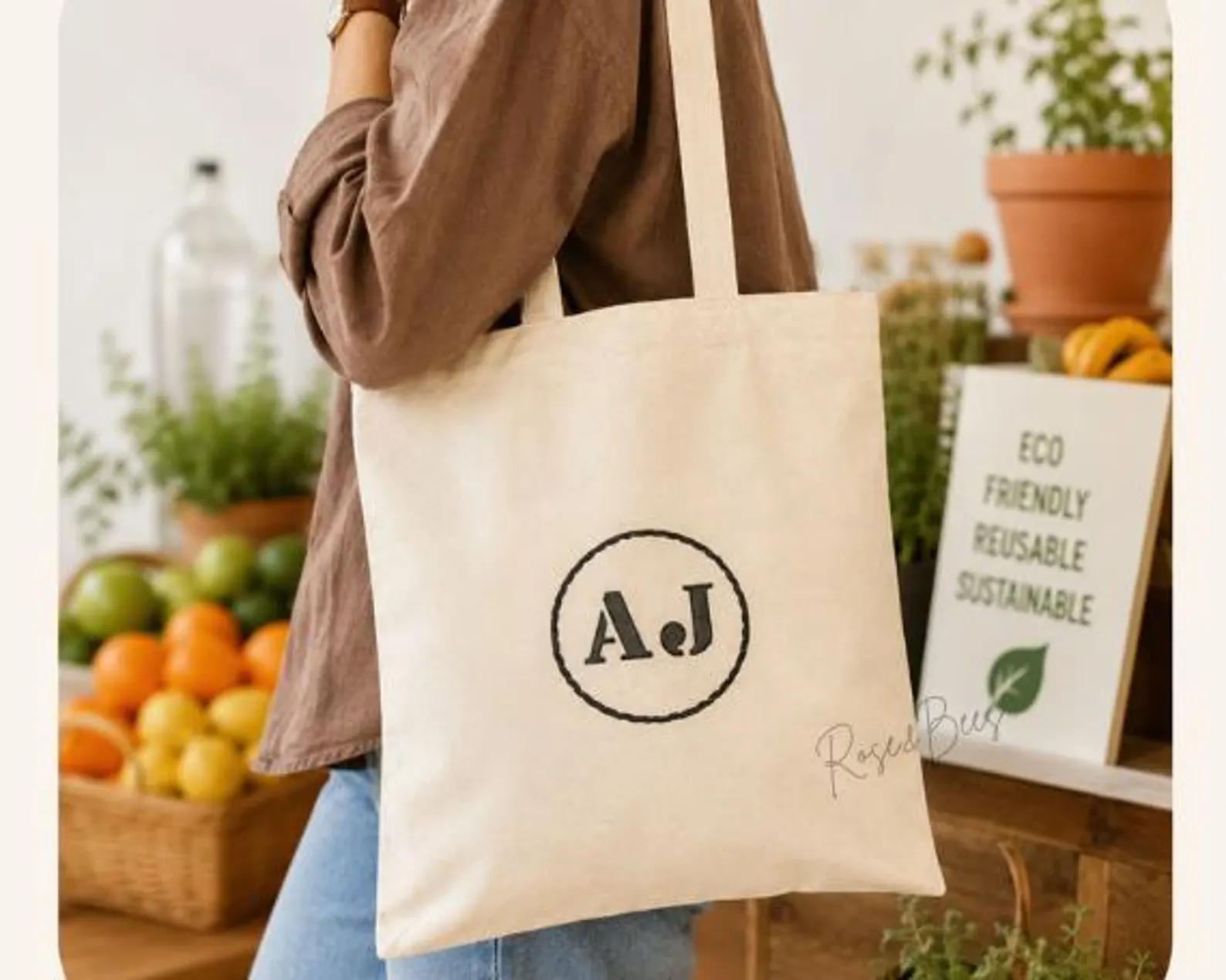 EMBROIDERED MONOGRAM TOTE | Organic Cotton Canvas | Grocery Bag | Personalised Embroidered Initial Tote Bag | Personalised Gift | Handmade
